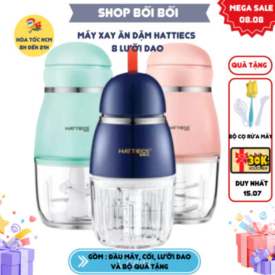 MÁY XAY ĂN DẶM HATTIECS, COCOBEAR , BABYBOO [1 ĐỔI 1-QUÀ TẶNG KÈM] 6 LƯỠI DAO, CỐI THỦY TINH 0.3L