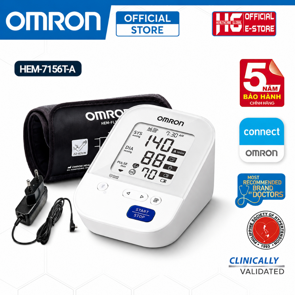 Máy Đo Huyết Áp Bắp Tay Omron HEM-7156T-A | Kết Nối Bluetooth, Vòng Bít 360 Chính Xác, Kèm Adapter Máy Đo Huyết Áp Bắp Tay Omron HEM-7156T-A | Kết Nối Bluetooth, Vòng Bít 360 Chính Xác, Kèm Adapter