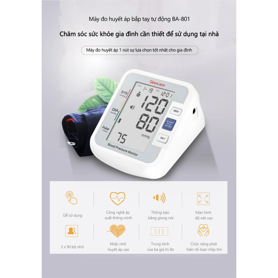Máy đo huyết áp Sinocare BA-801 Chính Hãng ( Giọng nói Tiếng Việt) Máy đo huyết áp Sinocare BA-801 Chính Hãng ( Giọng nói Tiếng Việt)