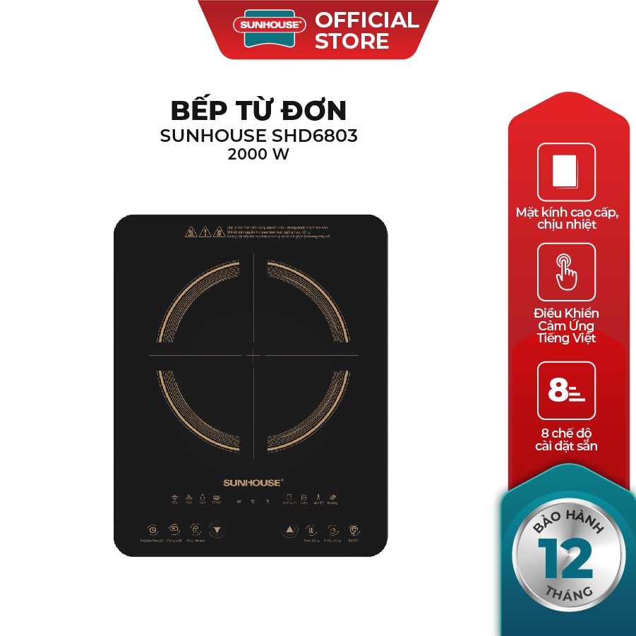 Bếp từ đơn Sunhouse SHD6803 - Công suất 2000W - Bảo hành 12 tháng - 8 chế độ nấu - Nút bấm điện tử Bếp từ đơn Sunhouse SHD6803 - Công suất 2000W - Bảo hành 12 tháng - 8 chế độ nấu - Nút bấm điện tử