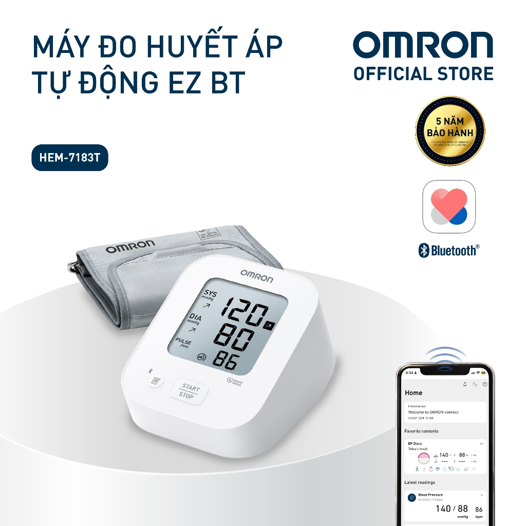 (Dòng mới 2026) Máy Đo Huyết Áp Bluetooth OMRON EZ BT HEM-7183T1-AP - Không kèm Adapter - Bảo hành 5 năm (Dòng mới 2026) Máy Đo Huyết Áp Bluetooth OMRON EZ BT HEM-7183T1-AP - Không kèm Adapter - Bảo hành 5 năm