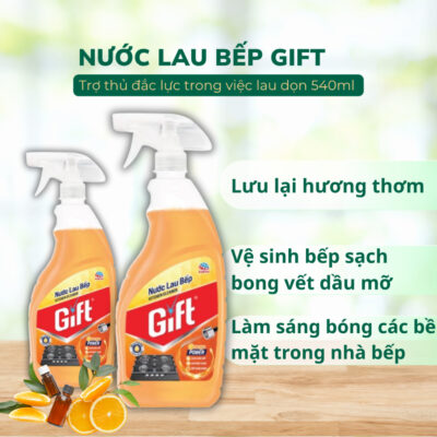 Nước Xịt Lau Bếp Gift Cam 540ml – Tẩy Sạch Dầu Mỡ, Khử Mùi Tanh, Hương Cam Thơm Mát