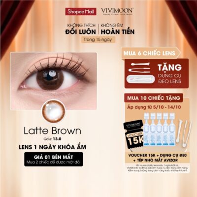 VIVIMOON lens cận 1 ngày màu nâu tự nhiên Latte Brown, kính áp tròng khóa ẩm (Giá 1 chiếc-1 bên mắt, x2 để mua 1 đôi)