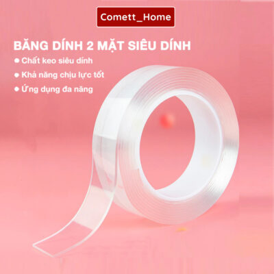 Băng Dính 2 Mặt COMETT Siêu Dính Băng Keo Nano Trong Suốt 5M Dán Tường Keo Dán Dính Mọi Bề Mặt Tiện Lợi