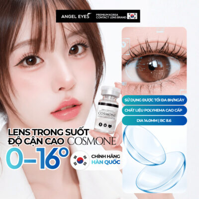Lens trong suốt cận Angel Eyes Cosmone có độ từ 0 đến 16 độ, dòng kính áp tròng cận trong suốt có độ phù hợp mọi nhu cầu