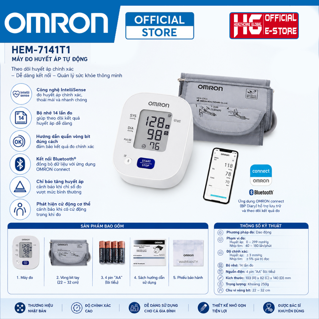 Máy Đo Huyết Áp Omron HEM-7141T1 | Kết Nối Bluetooth, Omron Connect, Bảo Hành Chính Hãng 5 Năm Máy Đo Huyết Áp Omron HEM-7141T1 | Kết Nối Bluetooth, Omron Connect, Bảo Hành Chính Hãng 5 Năm