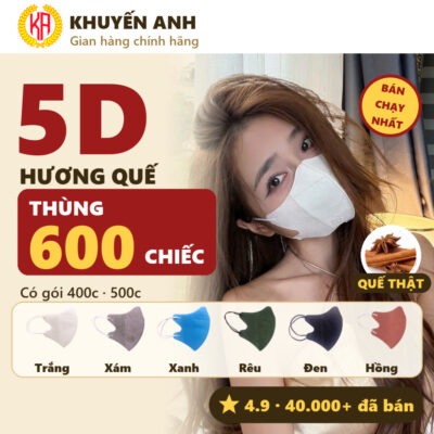 Thùng 600c Khẩu Trang Y Tế 5D Mùi Quế Khuyến Anh 3 Lớp Size To Che Kín Mặt Giúp Chống Tia UV