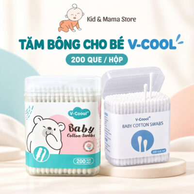 Bông ngoáy tai cho bé Vcool 2 đầu kháng khuẩn, tăm bông sơ sinh tiện lợi hộp 200-400 que Kid Mama