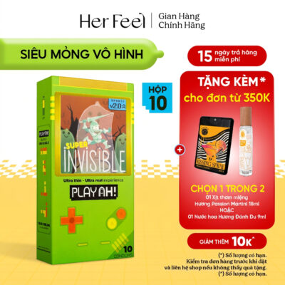 Bao Cao Su PlayAh Super Invisible Siêu Mỏng Hộp 3/10 size 52mm, nhiều gel, truyền nhiệt