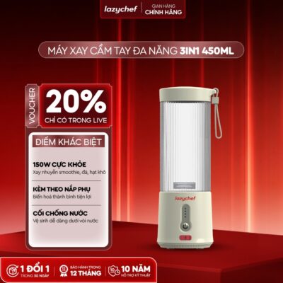 Máy xay sinh tố mini không dây Lazychef, máy xay cầm tay tích điện đa năng 3i﻿n1 công suất 150w xay khoẻ, cối 450ml