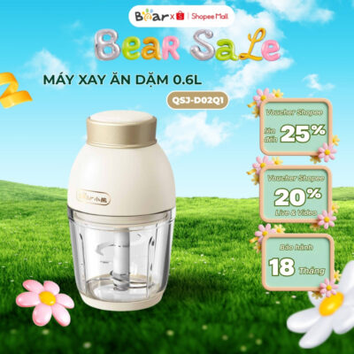Máy xay ăn dặm 0.6L Bear QSJ-D02Q1 cho bé, 200W, đa năng 6 lưỡi dao và cối thủy tinh, BH 18 tháng