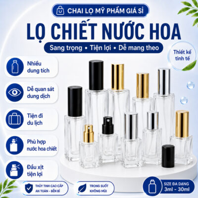 [SALE HOT] Lọ Chiết Nước Hoa Thủy Tinh Trụ Vuông 3ml / 5ml / 10ml / 20ml / 30ml | Vỏ Chai Nước Hoa Cao Cấp