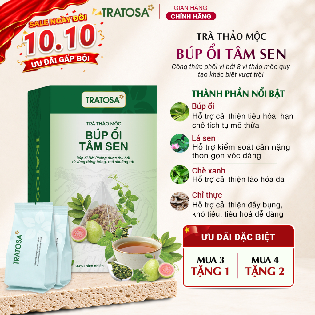Trà búp ổi tâm sen TRATOSA 8 vị thảo mộc hỗ trợ giảm cân, tiêu mỡ, duy trì vóc dáng thon gọn, làn da tươi sáng Trà búp ổi tâm sen TRATOSA 8 vị thảo mộc hỗ trợ giảm cân, tiêu mỡ, duy trì vóc dáng thon gọn, làn da tươi sáng