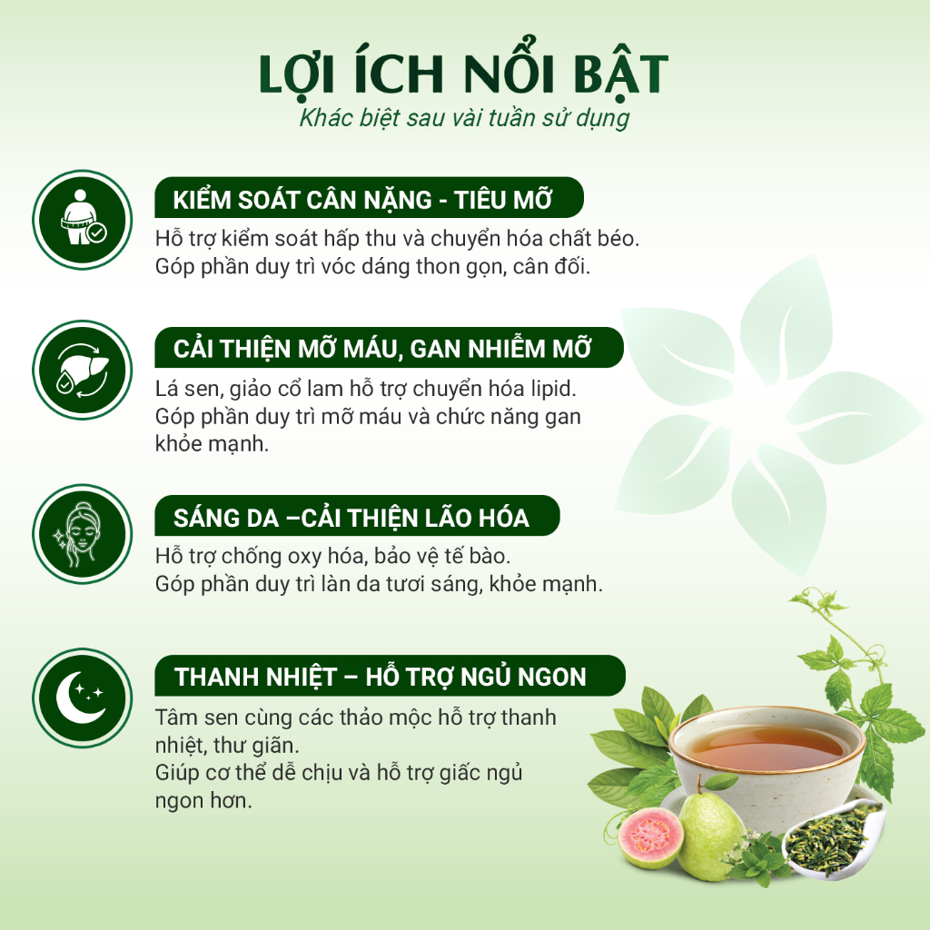 Trà búp ổi tâm sen TRATOSA 8 vị thảo mộc hỗ trợ giảm cân, tiêu mỡ, duy trì vóc dáng thon gọn, làn da tươi sáng Trà búp ổi tâm sen TRATOSA 8 vị thảo mộc hỗ trợ giảm cân, tiêu mỡ, duy trì vóc dáng thon gọn, làn da tươi sáng
