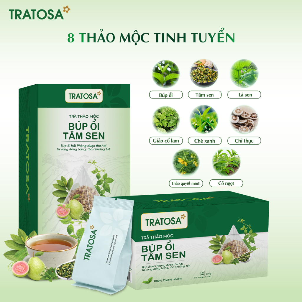 Trà búp ổi tâm sen TRATOSA 8 vị thảo mộc hỗ trợ giảm cân, tiêu mỡ, duy trì vóc dáng thon gọn, làn da tươi sáng Trà búp ổi tâm sen TRATOSA 8 vị thảo mộc hỗ trợ giảm cân, tiêu mỡ, duy trì vóc dáng thon gọn, làn da tươi sáng
