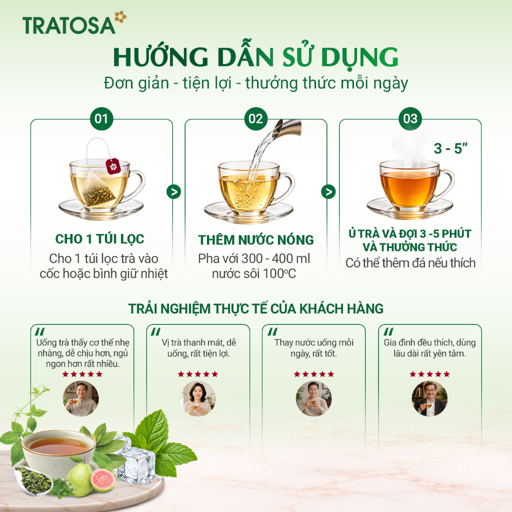 Trà búp ổi tâm sen TRATOSA 8 vị thảo mộc hỗ trợ giảm cân, tiêu mỡ, duy trì vóc dáng thon gọn, làn da tươi sáng Trà búp ổi tâm sen TRATOSA 8 vị thảo mộc hỗ trợ giảm cân, tiêu mỡ, duy trì vóc dáng thon gọn, làn da tươi sáng