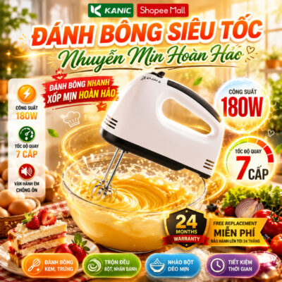 Máy Đánh Trứng Cầm Tay 7 Tốc Độ Công Suất 180W Tặng 4 Đầu Khuấy Êm Ái, Máy Đánh Bơ Kem Đa Năng Tiện Dụng