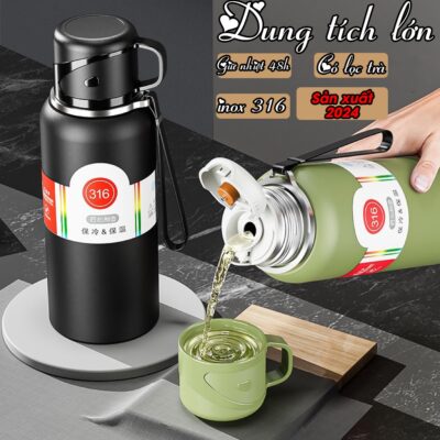 Bình giữ nhiệt inox 316 TAMIDI, bình giữ nhiệt 600ml-1500ml nắp làm cốc, tích hợp lưới lọc trà-BTC05
