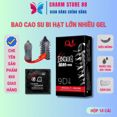 Bao cao su bi hạt lớn 9D siêu kích thích pha lê nhiều gel bôi trơn hộp 12 chiếc BCS04