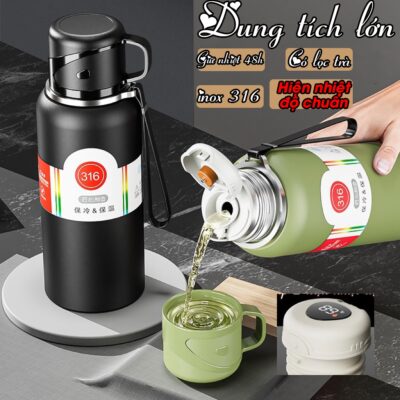 Bình giữ nhiệt thể thao inox 316, dung tích 600-1500ml nắp làm cốc uống nước,lưới lọc trà-BTC05