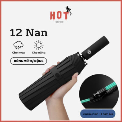 Ô dù che mưa che nắng chống tia UV, nút tự động đóng mở, 12 nan thép cứng chắc chắn - Hot Store