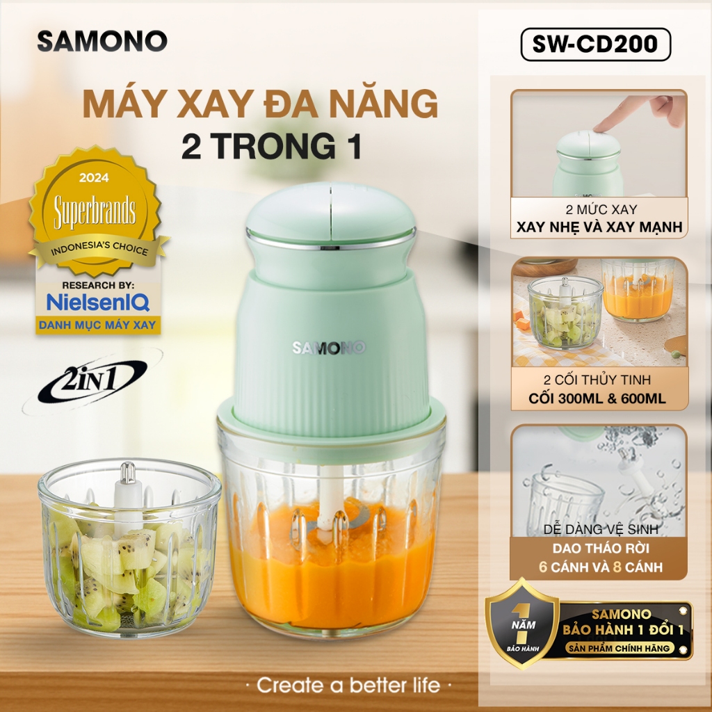 (CAO CẤP- 2 CỐI) Máy xay thực phẩm mini Samono SW-CD200, 2 tốc độ dung tích 300ml và 600ml, công suất 200W, xay ăn dặm (CAO CẤP- 2 CỐI) Máy xay thực phẩm mini Samono SW-CD200, 2 tốc độ dung tích 300ml và 600ml, công suất 200W, xay ăn dặm