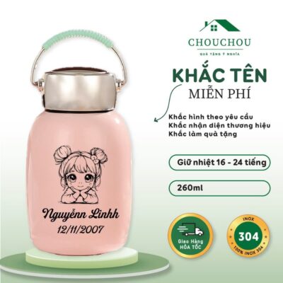 [Miễn Phí Khắc Tên] Bình giữ nhiệt mini CHOUCHOU 260ml Cute xỉu, có quai xách tiện lợi.