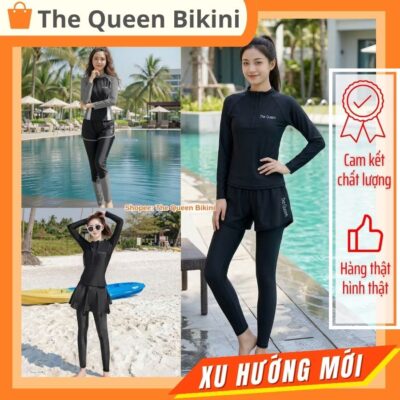 Đồ bơi nữ - Đồ tắm biển quần dài 2 lớp áo tay dài khóa kéo che nắng kín đáo màu đen Bikini Ninja vải co giãn 4 chiều 091