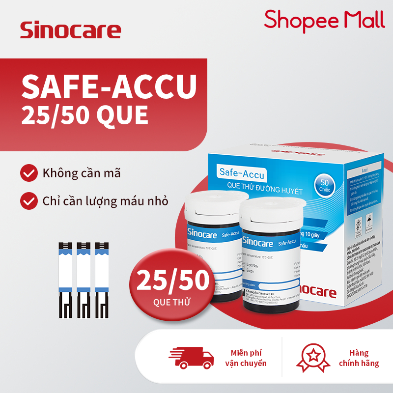 Que Thử Đường Huyết Hộp 25/50 Que Safe Accu Tặng Kèm 50 Kim Chính Hãng Sinocare Que Thử Đường Huyết Hộp 25/50 Que Safe Accu Tặng Kèm 50 Kim Chính Hãng Sinocare