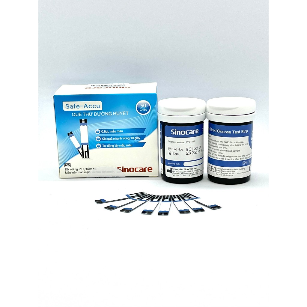 Que Thử Đường Huyết Hộp 25/50 Que Safe Accu Tặng Kèm 50 Kim Chính Hãng Sinocare Que Thử Đường Huyết Hộp 25/50 Que Safe Accu Tặng Kèm 50 Kim Chính Hãng Sinocare