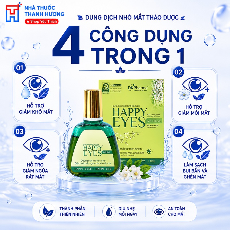 Dung dịch dưỡng mắt thảo dược Happy Eyes dịu nhẹ Dược Khoa - Dưỡng mắt hằng ngày, giảm khô mắt 15ml DK PHARMA Dung dịch dưỡng mắt thảo dược Happy Eyes dịu nhẹ Dược Khoa - Dưỡng mắt hằng ngày, giảm khô mắt 15ml DK PHARMA
