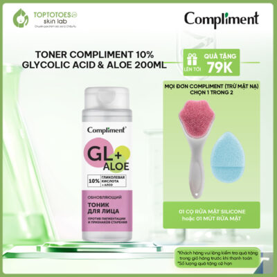 [HÀNG NHẬP KHẨU] Toner Compliment 10% Glycolic Acid & Aloe cấp nước, dưỡng ẩm làm da căng bóng, sáng mịn 200ml