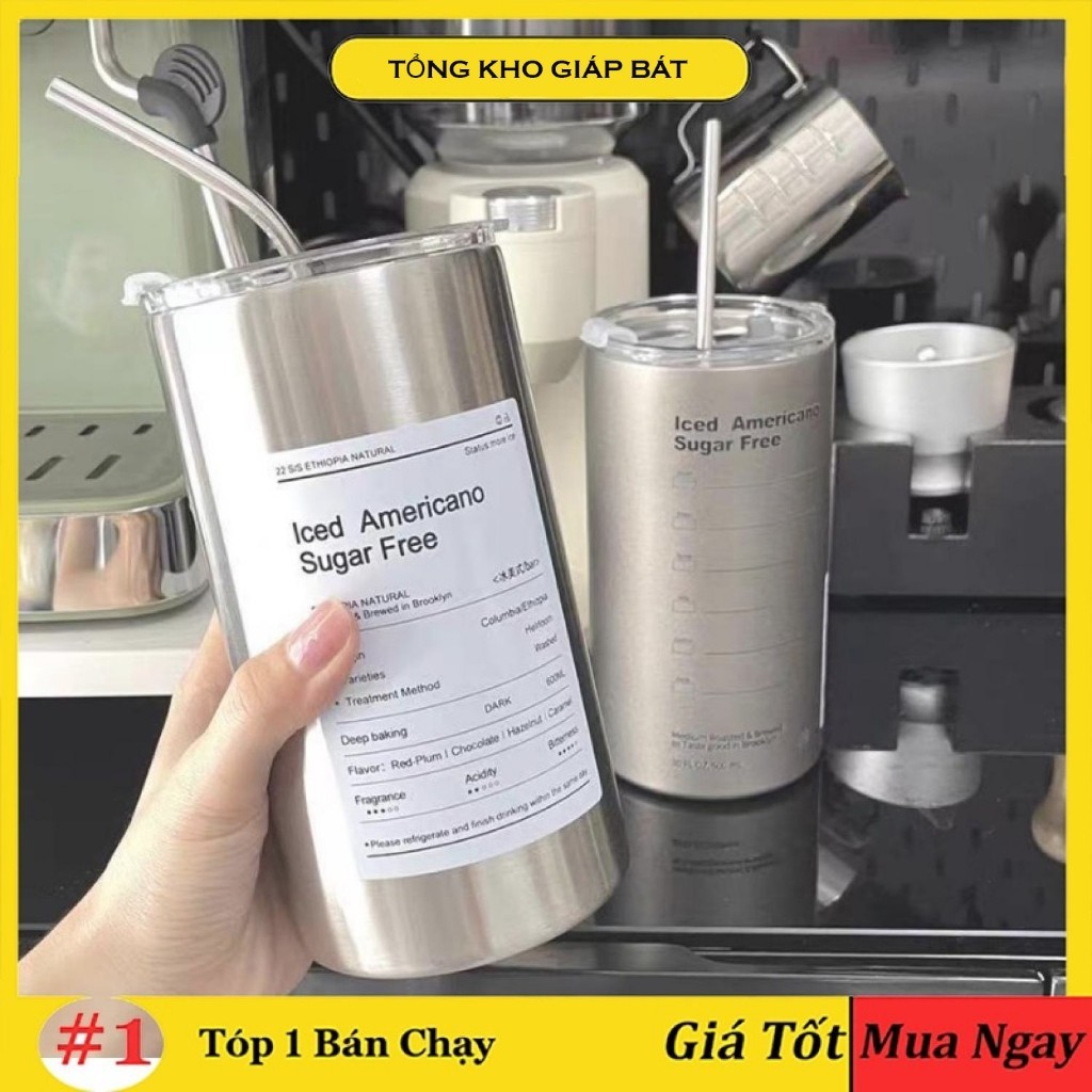 Bình đựng nước giữ nhiệt Iced Americano có ống hút dung tích 600ml, Bình đựng nước giữ nhiệt Iced Americano có ống hút dung tích 600ml,