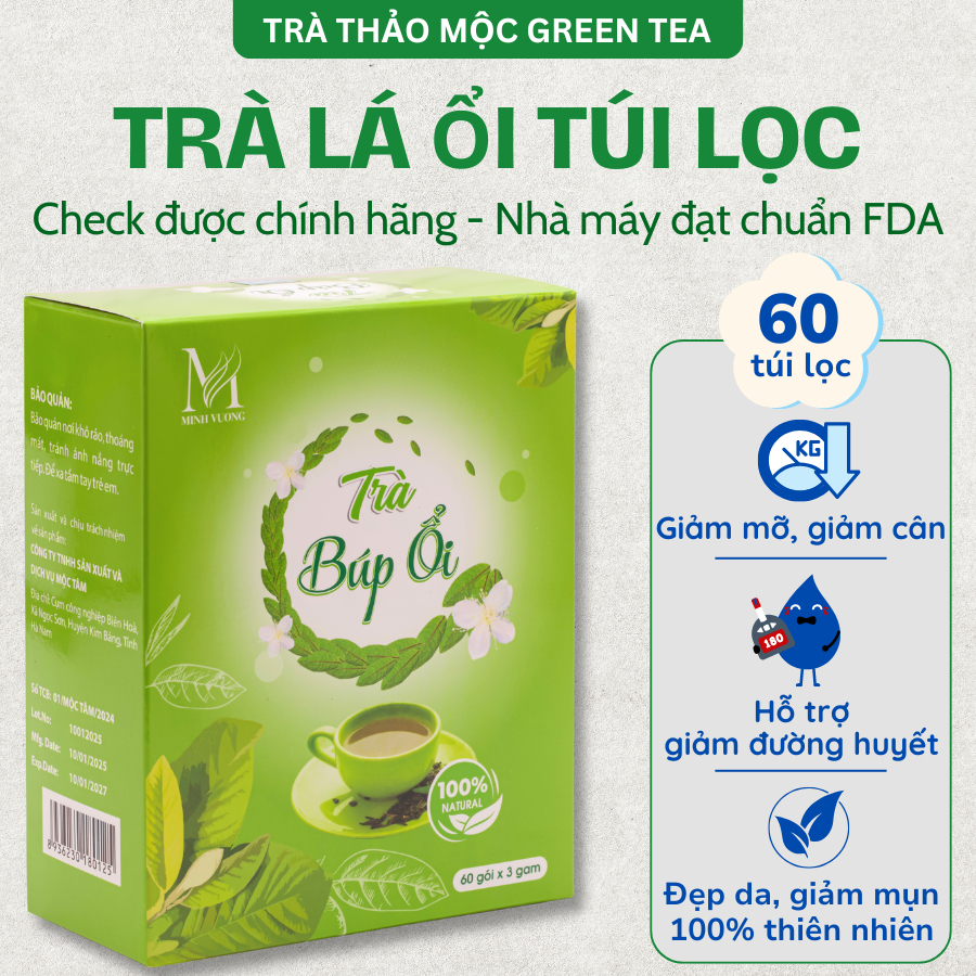 Trà Lá Ổi Green Tea Hộp 60 Túi Lọc Hỗ Trợ Giảm Cân, Trà Búp Ổi Giảm Đường Huyết, Cải Thiện Tiêu Hóa Trà Lá Ổi Green Tea Hộp 60 Túi Lọc Hỗ Trợ Giảm Cân, Trà Búp Ổi Giảm Đường Huyết, Cải Thiện Tiêu Hóa