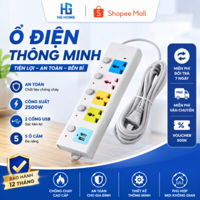 Ổ Cắm Điện Đa Năng HGHOME Chịu Tải 2500W Có Cổng USB, Chốt Bấm Chống Giật An Toàn [ HÀNG CAO CẤP ]