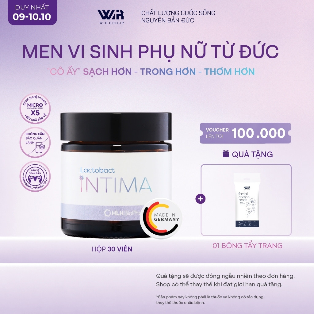 Men vi sinh phụ khoa Lactobact Intima bổ sung lợi khuẩn, Cranberry, D-Mannose từ Đức hộp 30 viên | Wir Group Men vi sinh phụ khoa Lactobact Intima bổ sung lợi khuẩn, Cranberry, D-Mannose từ Đức hộp 30 viên | Wir Group