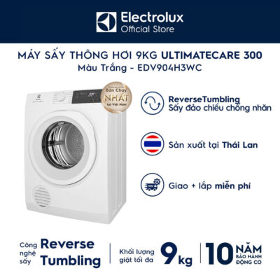 Free giao lắp - Máy sấy thông hơi 9KG Electrolux EDV904H3WC - sấy đảo chiều chống nhăn, diệt khuẩn, bền màu