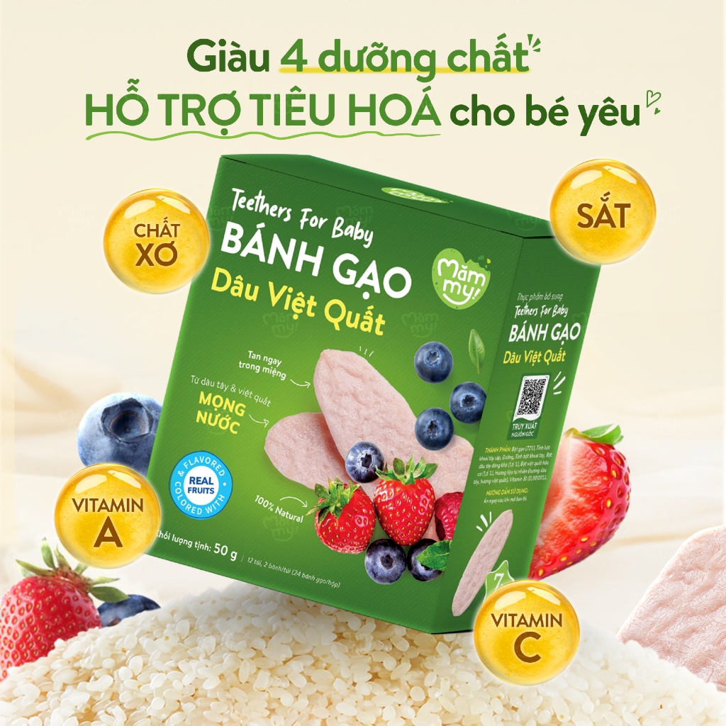 Combo bánh ăn dặm gạo dẹt ăn dặm hữu cơ cho bé Mămmy vị rau củ, chuối, dâu việt quất hộp 50g Combo bánh ăn dặm gạo dẹt ăn dặm hữu cơ cho bé Mămmy vị rau củ, chuối, dâu việt quất hộp 50g