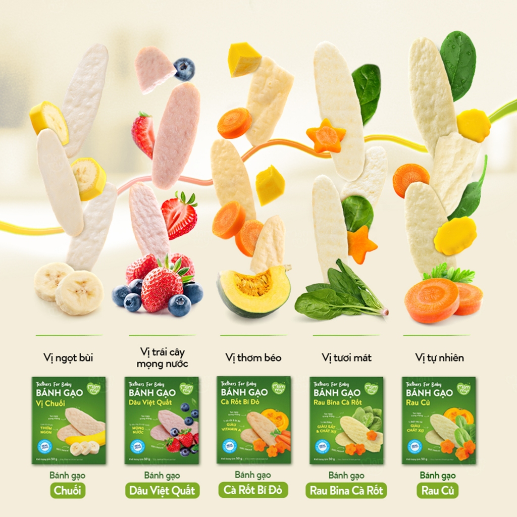 Combo bánh ăn dặm gạo dẹt ăn dặm hữu cơ cho bé Mămmy vị rau củ, chuối, dâu việt quất hộp 50g Combo bánh ăn dặm gạo dẹt ăn dặm hữu cơ cho bé Mămmy vị rau củ, chuối, dâu việt quất hộp 50g