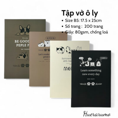 Vở ô ly B5 200 trang HUERARUMO, gáy khâu chỉ bước dài dấu ngoài, giấy cao cấp định lượng 80gsm, in offset.