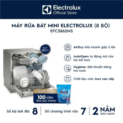 [Tặng 100 viên Finish] Free giao lắp - Máy rửa bát Mini 8 bộ Electrolux EFC3862MS - tự động mở cửa, sấy khô diệt khuẩn