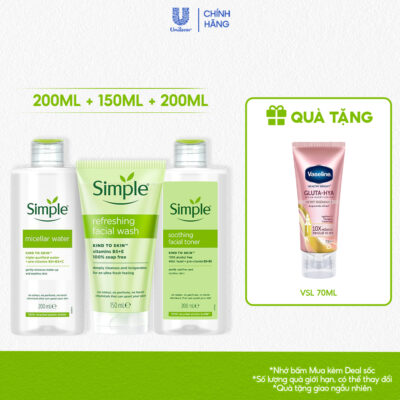[LIVE] Combo 3 bước dưỡng Simple Nước tẩy trang 200ml + Sữa rửa mặt 150ml + Nước hoa hồng 200ml