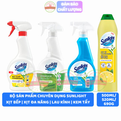 Bộ Sản Phầm Nhà Bếp Sunlight Lau Đa Năng Chanh Sả | Xịt Bếp Bọt Tuyết | Lau Kính | Kem Tẩy - Chai 500ML | 520ML | 690G