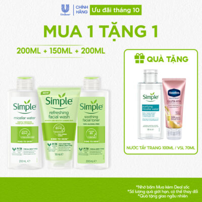 COMBO 3 BƯỚC DƯỠNG SIMPLE NƯỚC TẨY TRANG 200ML + SỮA RỬA MẶT 150ML + NƯỚC HOA HỒNG 200ML