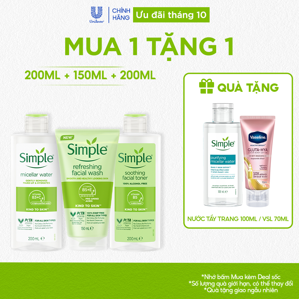 COMBO 3 BƯỚC DƯỠNG SIMPLE NƯỚC TẨY TRANG 200ML + SỮA RỬA MẶT 150ML + NƯỚC HOA HỒNG 200ML COMBO 3 BƯỚC DƯỠNG SIMPLE NƯỚC TẨY TRANG 200ML + SỮA RỬA MẶT 150ML + NƯỚC HOA HỒNG 200ML