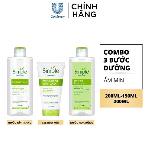 COMBO 3 BƯỚC DƯỠNG SIMPLE NƯỚC TẨY TRANG 200ML + SỮA RỬA MẶT 150ML + NƯỚC HOA HỒNG 200ML COMBO 3 BƯỚC DƯỠNG SIMPLE NƯỚC TẨY TRANG 200ML + SỮA RỬA MẶT 150ML + NƯỚC HOA HỒNG 200ML