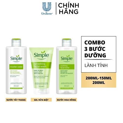 COMBO 3 BƯỚC DƯỠNG SIMPLE NƯỚC TẨY TRANG 200ML + SỮA RỬA MẶT 150ML + NƯỚC HOA HỒNG 200ML COMBO 3 BƯỚC DƯỠNG SIMPLE NƯỚC TẨY TRANG 200ML + SỮA RỬA MẶT 150ML + NƯỚC HOA HỒNG 200ML