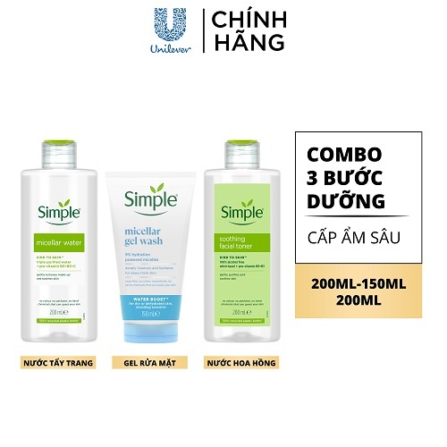 COMBO 3 BƯỚC DƯỠNG SIMPLE NƯỚC TẨY TRANG 200ML + SỮA RỬA MẶT 150ML + NƯỚC HOA HỒNG 200ML COMBO 3 BƯỚC DƯỠNG SIMPLE NƯỚC TẨY TRANG 200ML + SỮA RỬA MẶT 150ML + NƯỚC HOA HỒNG 200ML
