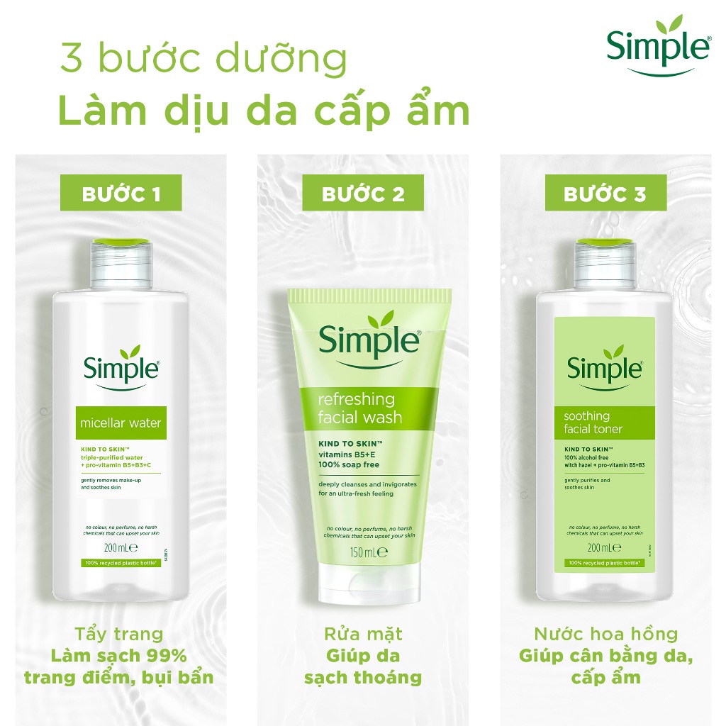 COMBO 3 BƯỚC DƯỠNG SIMPLE NƯỚC TẨY TRANG 200ML + SỮA RỬA MẶT 150ML + NƯỚC HOA HỒNG 200ML COMBO 3 BƯỚC DƯỠNG SIMPLE NƯỚC TẨY TRANG 200ML + SỮA RỬA MẶT 150ML + NƯỚC HOA HỒNG 200ML