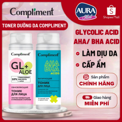 Toner Compliment Facial Glycolic Acid, AHA/BHA Acids 200ml Sạch Sâu Hỗ Trợ Giảm Mụn, Mờ Thâm,Sáng Da